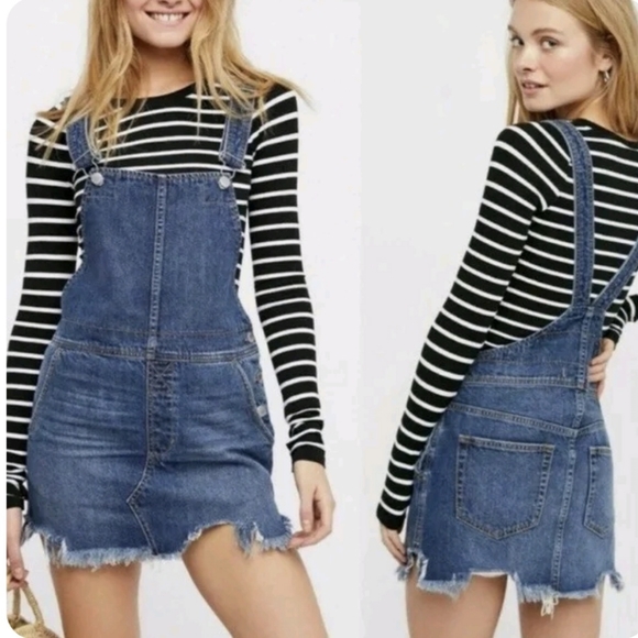 Free People Dresses & Skirts - Free People Overalls Mini Dress Denim Jeans Torn Up Jumper Frayed Women's 2